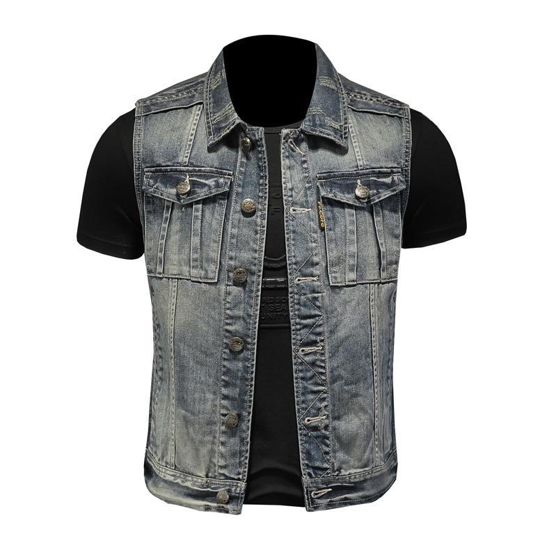 Cross-border European and American Retro Distressed Denim Vest Men's Plus Size Simple Sleeveless Slim Denim Vest MJ5171