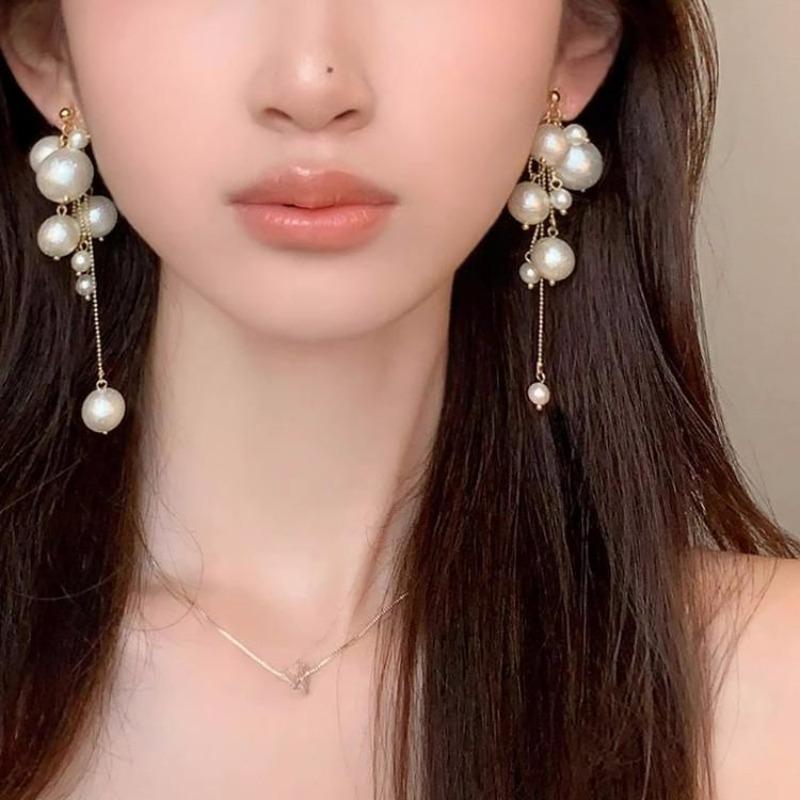 Fashion Long Tassels Simulation Pearl Drop Earrings For Women Vintage Elegant Pendant Earrings Wedding Party Jewelry