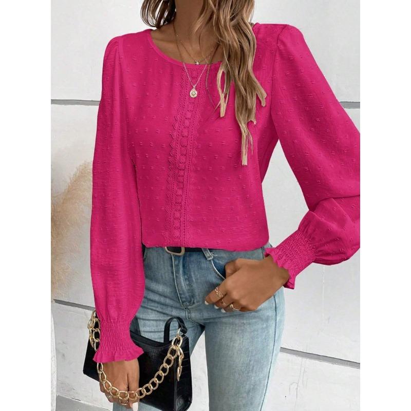 Elegante Dames Ronde Hals Kant Blouse Nieuw Lange Mouw Kantoor Casual Shirt Effen Kleur Tops Lange Mouw Lente Herfst Eenvoudige Zoete Kleding