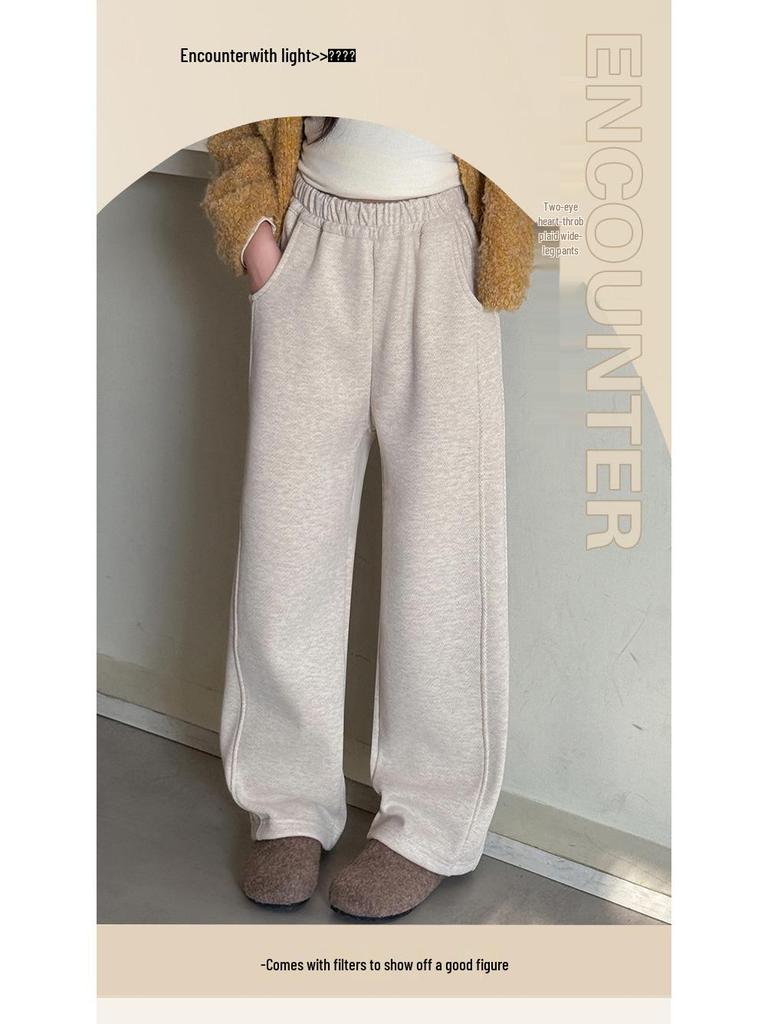 Girls' Velvet Wide-Leg Pants Winter 2025: Trendy Slim Fit, Thick Warmth, Straight-Leg Long Pants for Big Girls