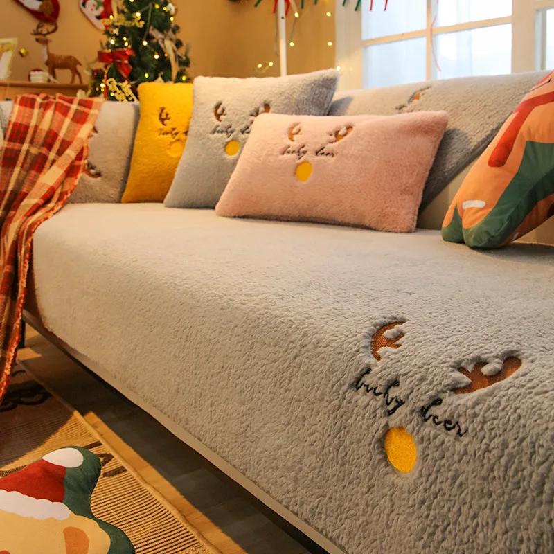 Thicken Short Plush Sofa Cover Winter Warm Non Slip Sofa Towel Washable Couch Cushiom Slipcovers Living Room Elk Christmas Decor