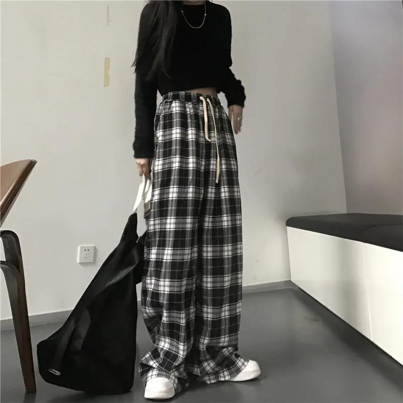 Women Casual Loose Wide Leg Trousers Black and White Plaid Pants Retro Straight Trousers Hip Hop Streetwear Plus Size
