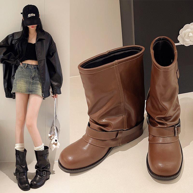 Coarse Heel Short Boots Women's Boots Retro Single Boots Western Folds Pile Super Hot New Boots Tube Versatile Pants 2025 Spring and Autumn