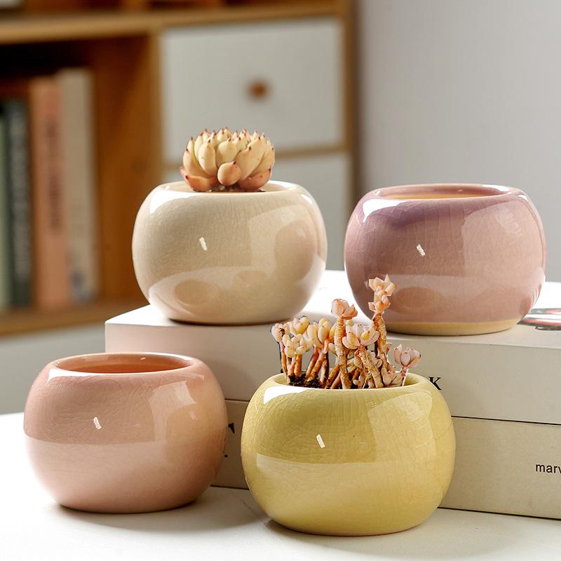 Charming Ice Crack Ceramic Succulent Pot - Small, Cute Desktop Cartoon Decor