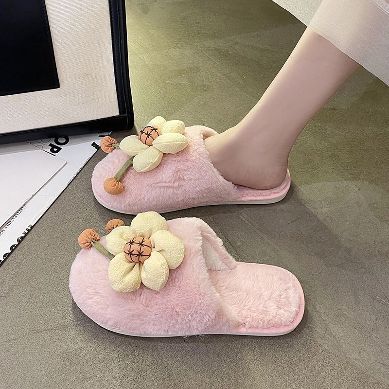 Cute Flower Fluffy Slippers 2025 Autumn and Winter New Home Dormitory Flat Bottom Non-slip Bag Head Cotton Slippers Women