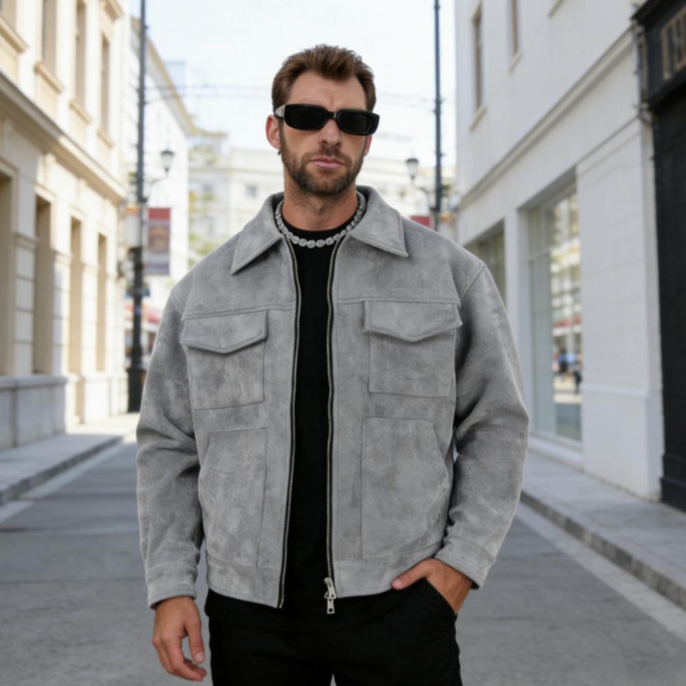 European and American Men's Suede Velvet Zipper Jacket with Large Pockets and Lapel.