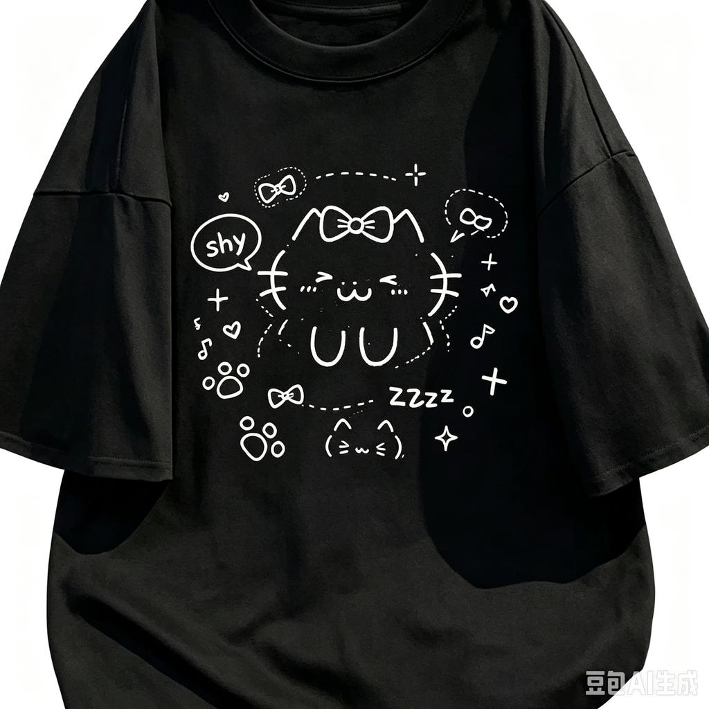 Cartoon Printed Fashion Pattern Tshirt Casual Shortsleeved White Cute Cat Summer Short Sleeved Harajuku Streetwear Tops Tee