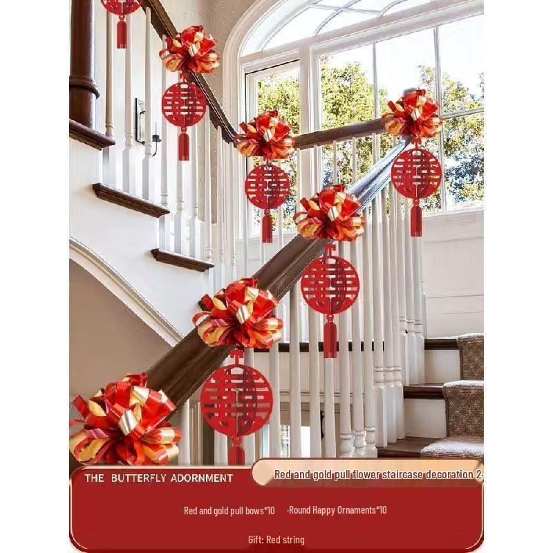

Double Happiness Wedding Railing Ornament Set: Rustic Ribbon & Flower Decor for Bride s New Home Wedding Stair Railing Decoration