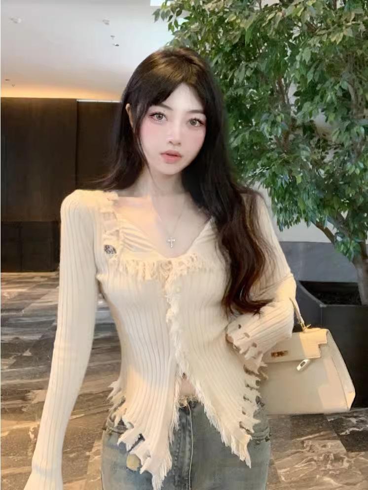 Pure desire style design, rough edge V-neck sweater women's clothing, autumn and winter new slim and thin niche cardigan top