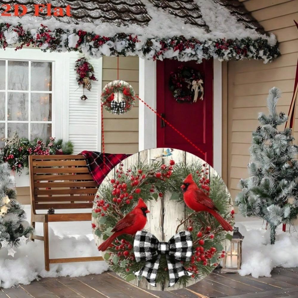 Christmas Wreath Metal Wall Art with Cardinal Birds and Bow