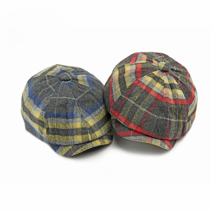 Men Women British Retro Woolen Plaid Newsboy Cap Fashion Octagonal Painter Hat Autumn Winter Warm Cabbie Peaked Cap Gatsby Style
