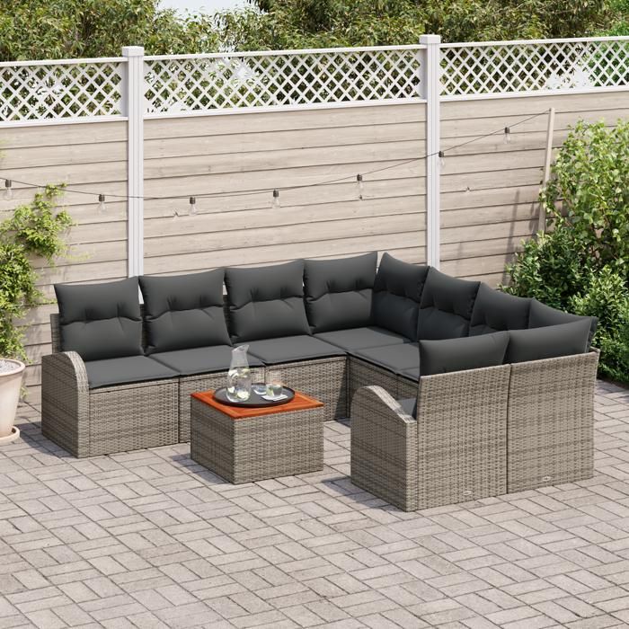 Ensemble de canapé de jardin 9 pièces avec coussins Gris Poly Rotin Acacia, Canapé de jardin 2 places avec rangement 3356228