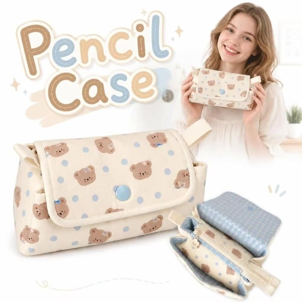 Bear Printed Pencil Pouch Button-closure Pencil Case Cute Pen Bag  School Supplies