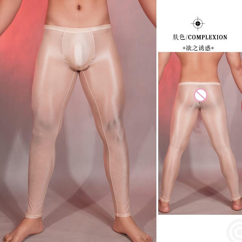 Sexy Men Elastic Oil Shiny Tight Pencil Pants Shaping Legging Ultra Thin See Through Lingeries Pajama Breathable Exotic Trousers