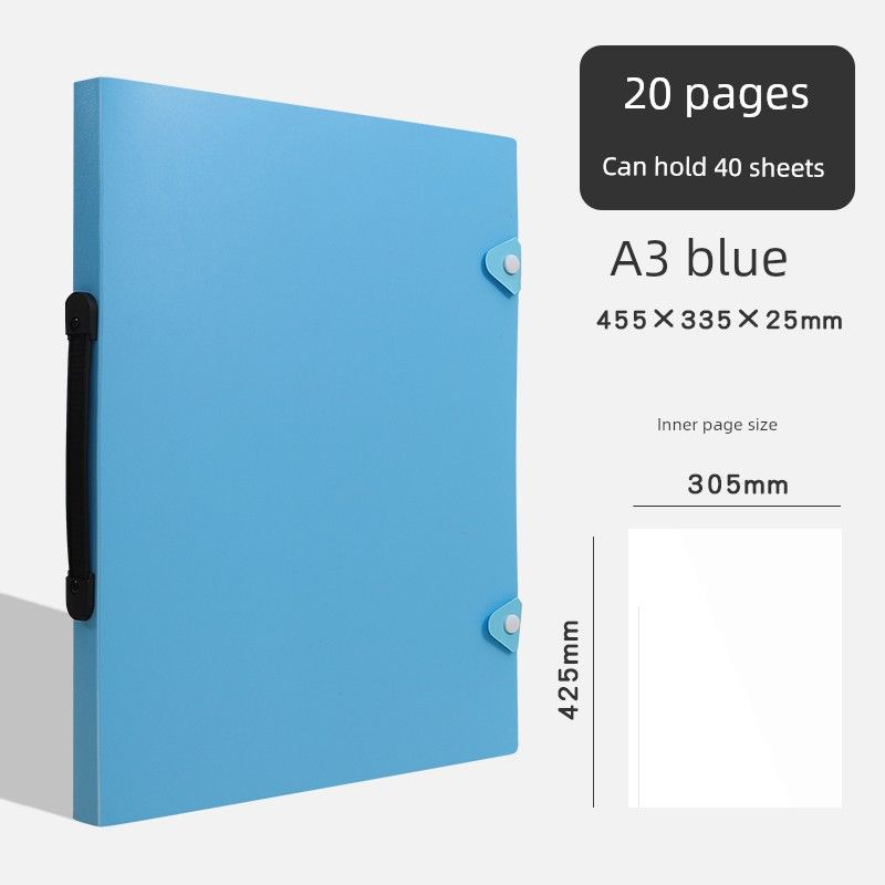 Satchel A3 Folder Album 8 Open Materials Art Collection A4 Favorites Kids Storage Book Award Poster Portable Metal Buckle A3 Blue [20 Pages]