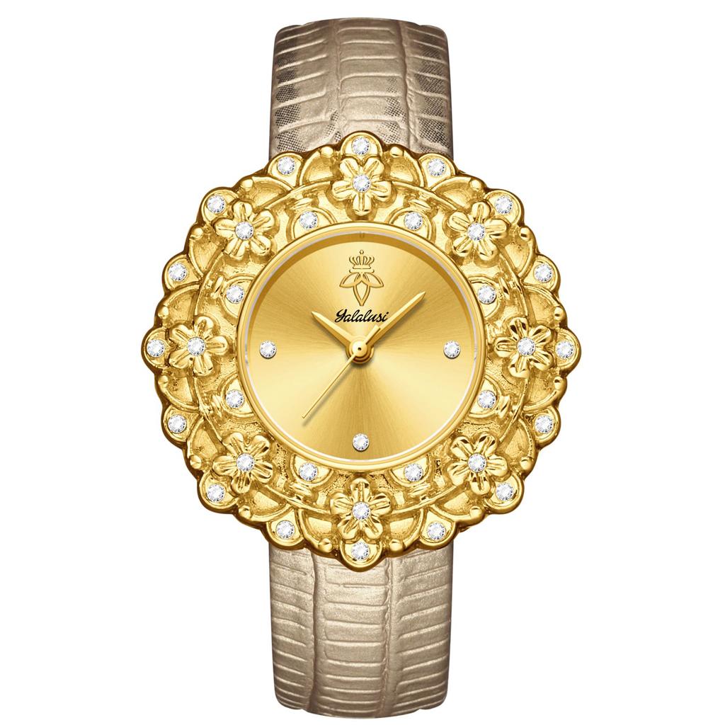 YaLaLuSi Fashion Women's Quartz Watch Emerald Green Dial with Sparkling Rhinestones Gorgeous Gold Flower Gift for Women
