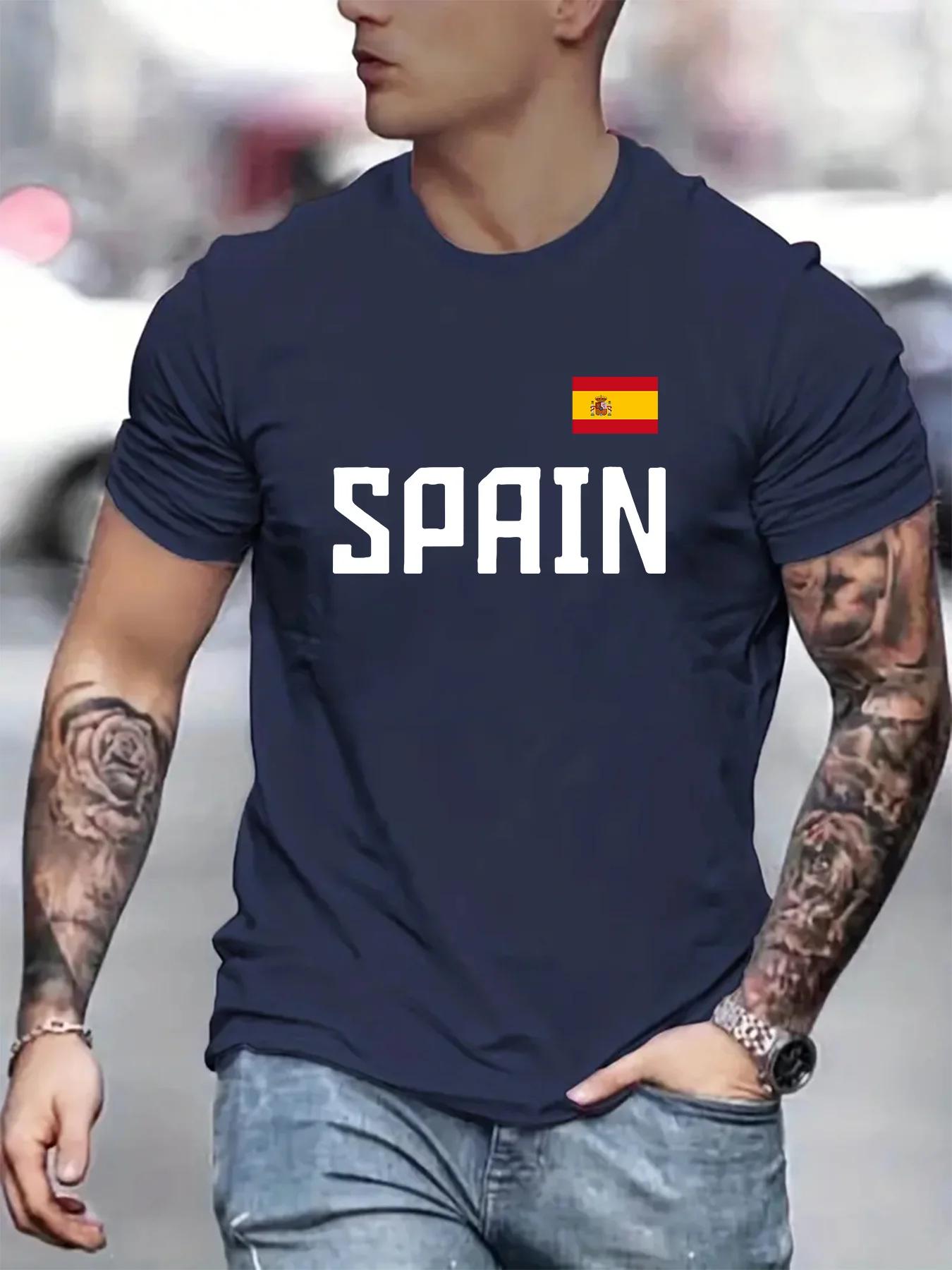 

Men s promotion Spanish flag pattern printed 100% pure cotton short-sleeved casual streetwear top 4XL