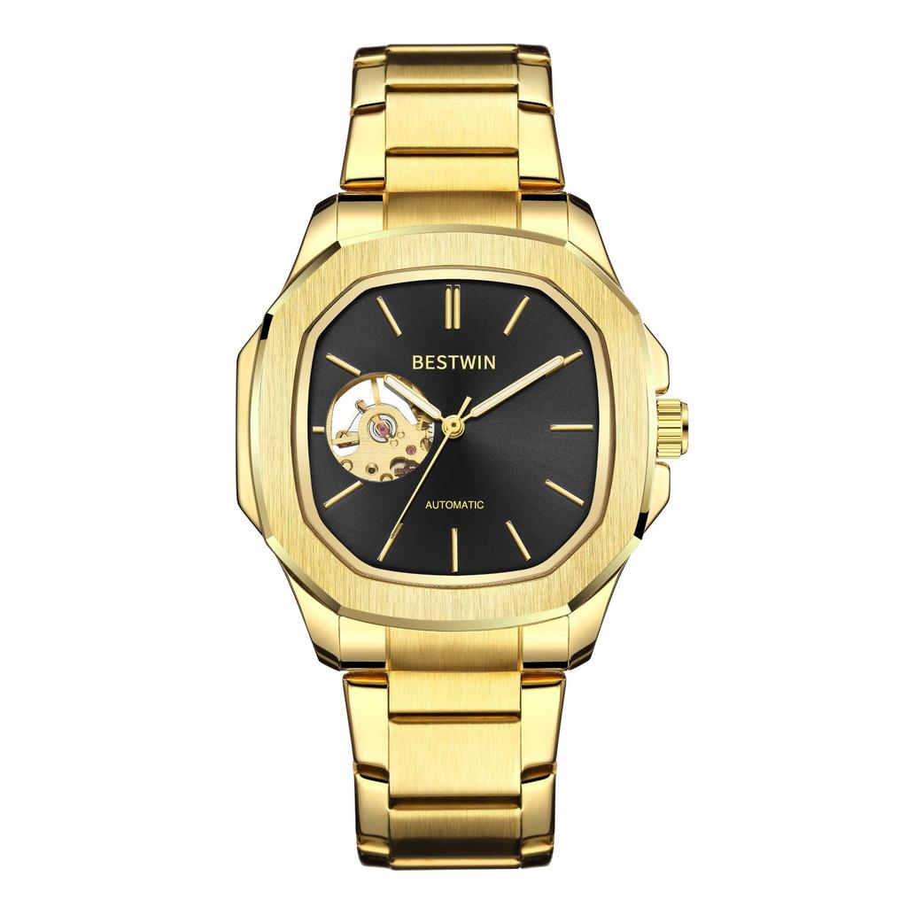 Fashion Bestwin Top Brand Men's Luxury Automatic Mechanical Watch Skeleton Design Full Stainless Steel Night Light Business