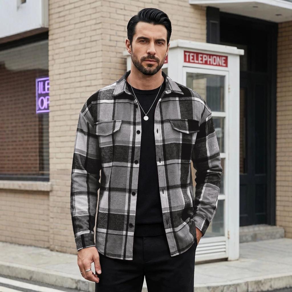 Herren Flanellhemden Lässig Button-Down Karomuster Hemdjacke Langarmhemden mit Taschen Normale Passform Arbeitshemd Outfit für Männer