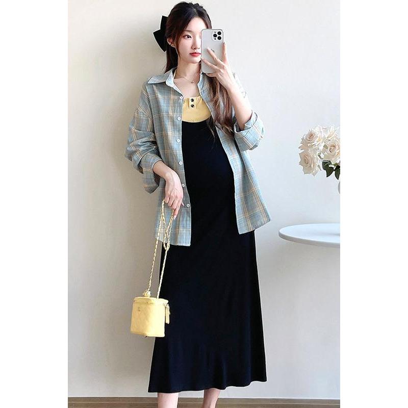 Spring 2026 Maternity Casual Two-Piece Set: Camisole Dress & Plaid Shirt