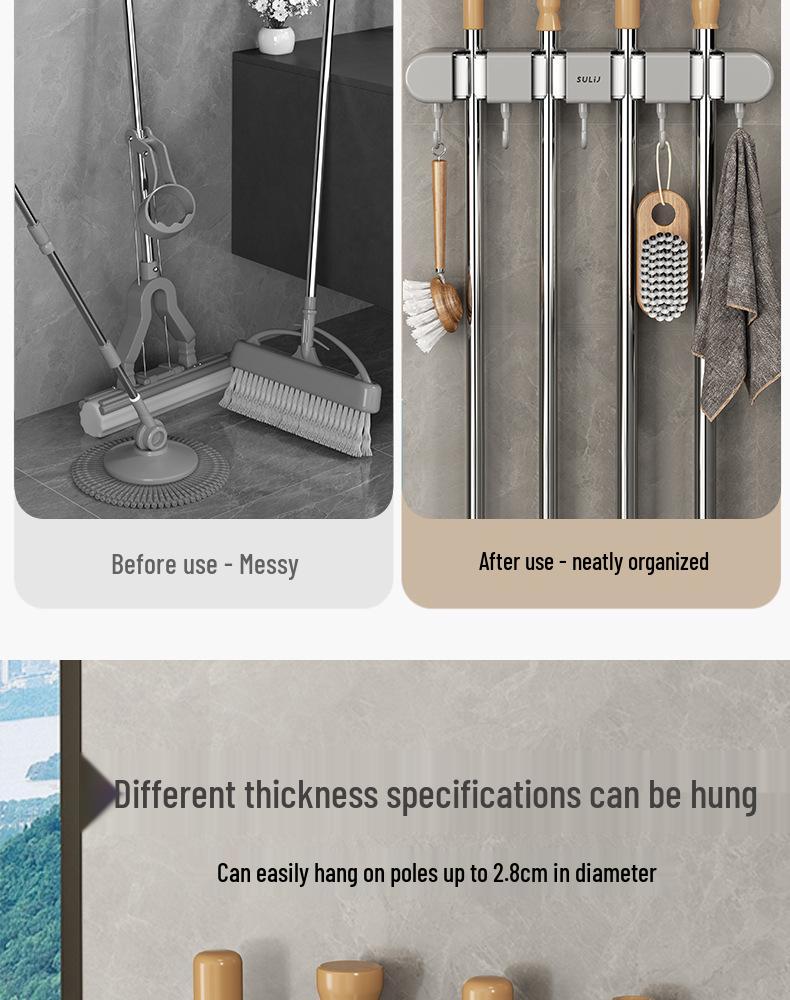 Dweil- en Bezemhouder: Klem voor Wandmontage zonder Boren - Multifunctioneel Opbergrek voor Badkamer & Keuken