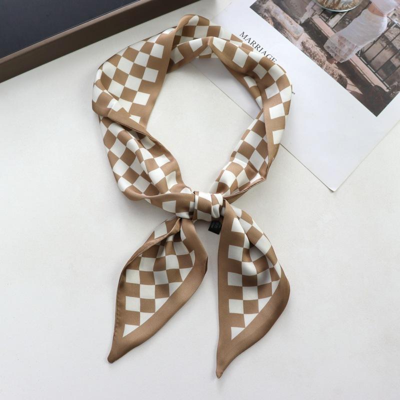 Spring/Summer Chessboard Print Ribbon Shirt Paired Scarf For Women Classic Thin Neckerchief Decorative Imitation Silk Headband