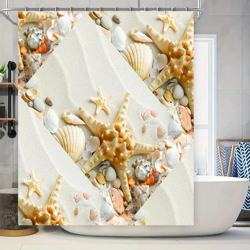 Seashell Print Shower Curtain Beach Decor Bathroom Decoration Waterproof Fabric 3D Printed Bath Mat for Home Decorations White