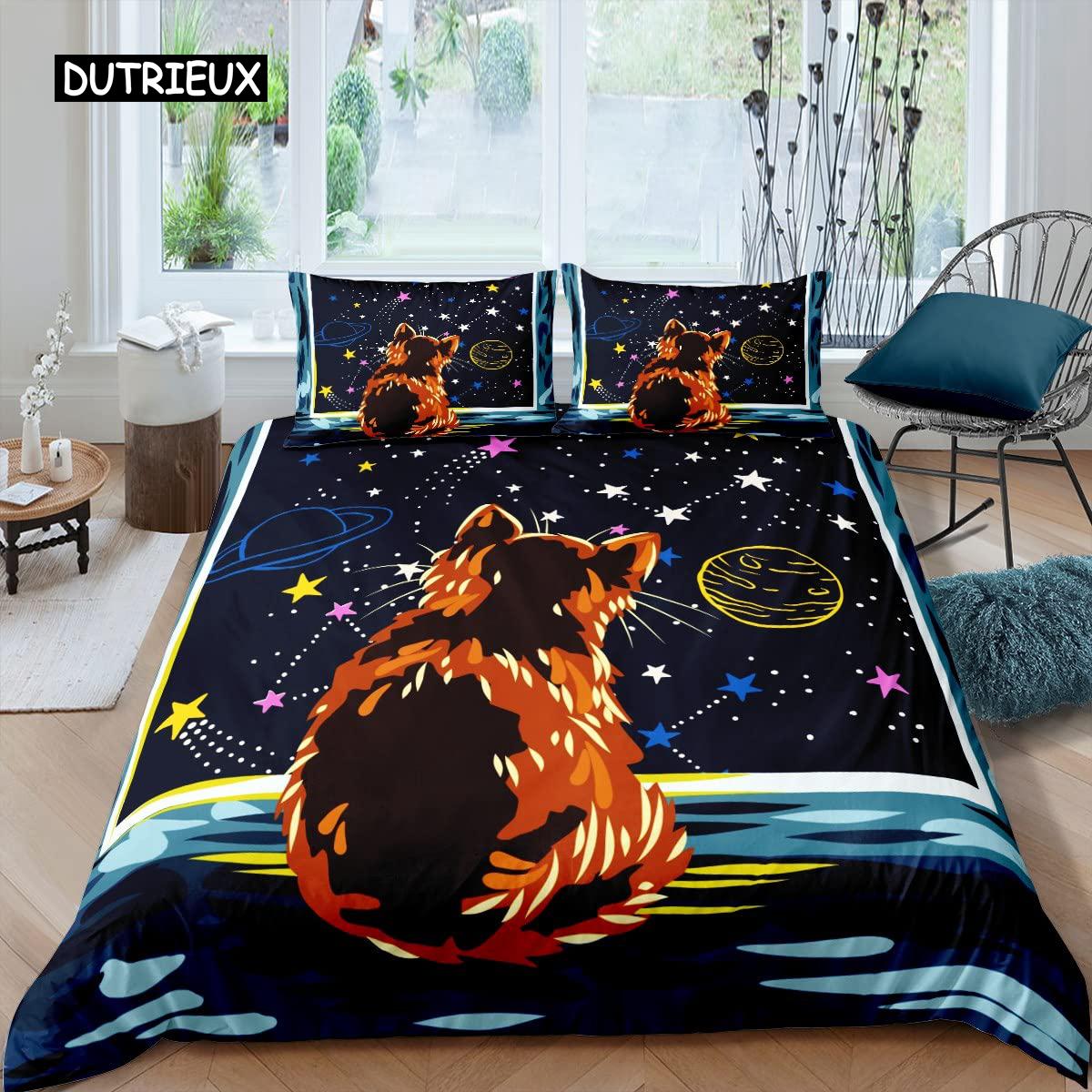 

Galaxy Cat Bed Cover Collection Fine Microfiber Universe Galaxy Bed Linen Collection Adorable Kitten Comforter Cover Outer Space Planets Quilt Cover EU single(135x200cm)
