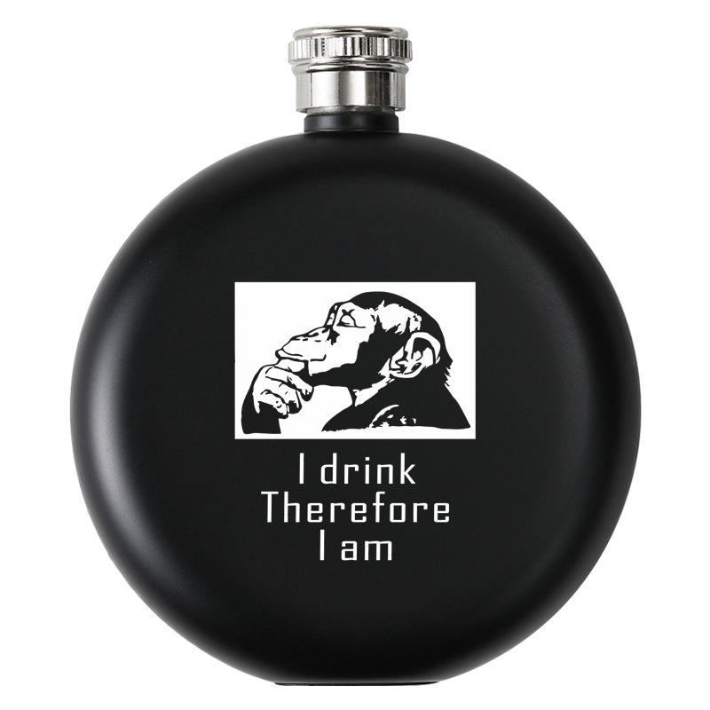 Black Stainless Steel Hip Flask Portable 5oz Round Wine Pot Laser Print Business Gift