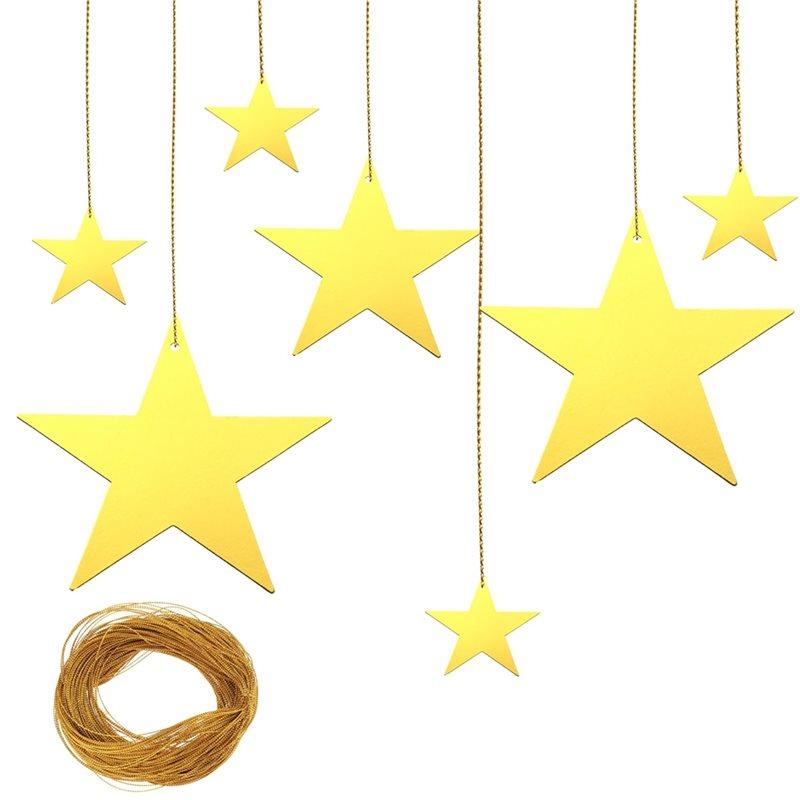 A25F-48Pcs Gold Cardboard Stars, 4 Sizes Shining Cutouts Paper Stars With 164Ft Gold Line, Star Hanging Decorations For Party