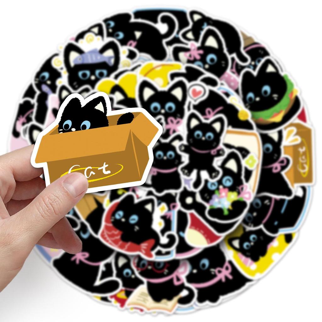 50 Bowknot Little Black Cat Cute Cartoon Stickers for Decorating Suitcases, Water Bottles, and Phone Cases
