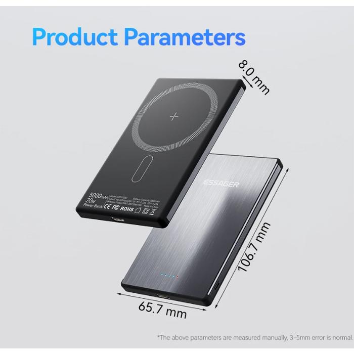 Essager Thin Wireless Power Bank 5000mAh Fast Wireless Charge Powerbank Magnetic External Battery Charger for iPhone 15 14 13 12