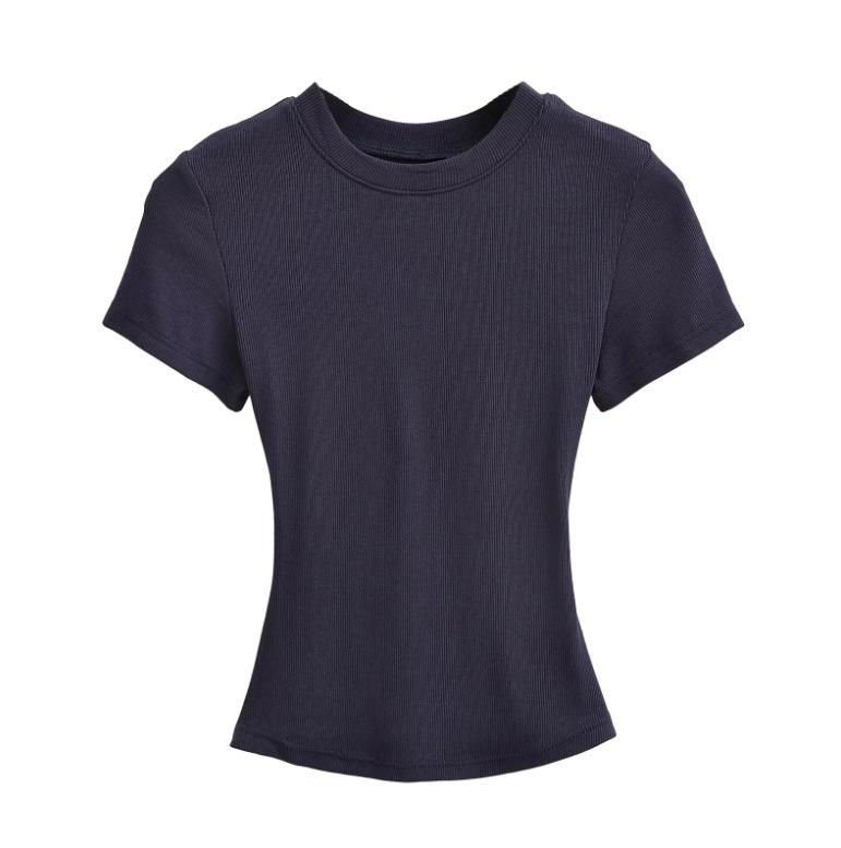 Summer New Female American Spice Girl Solid Color Crew Neck Short Sleeve T-Shirt Basic Threaded Bottom Top