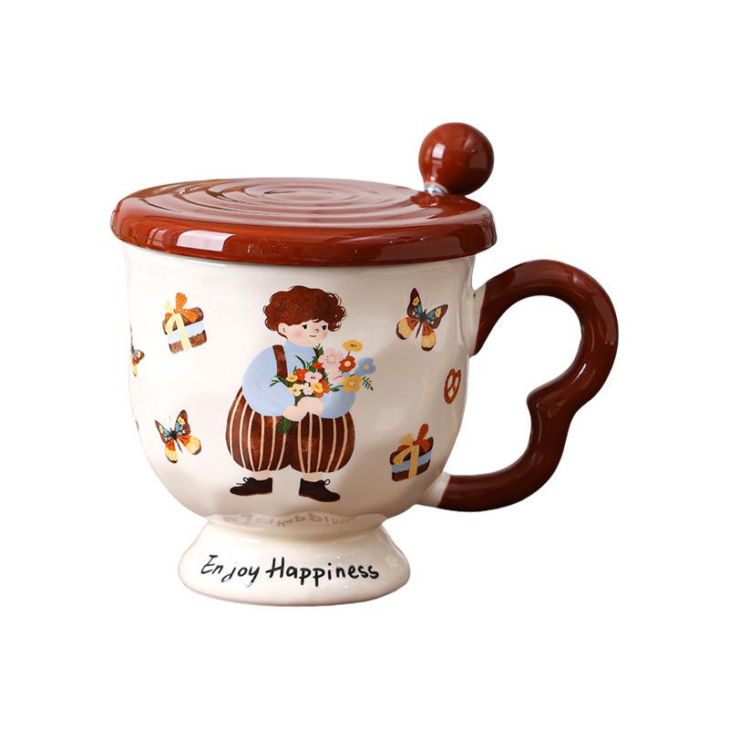 

Couple ceramic mug idyllic boy and girl drinking cup with lid spoon high value good-looking gift 301-400ml