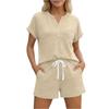 Women Casual Two Piece Lounge Set Short Sleeve Henley Neck Top with Button Detail and Drawstring Waist Shorts Relaxed Fit