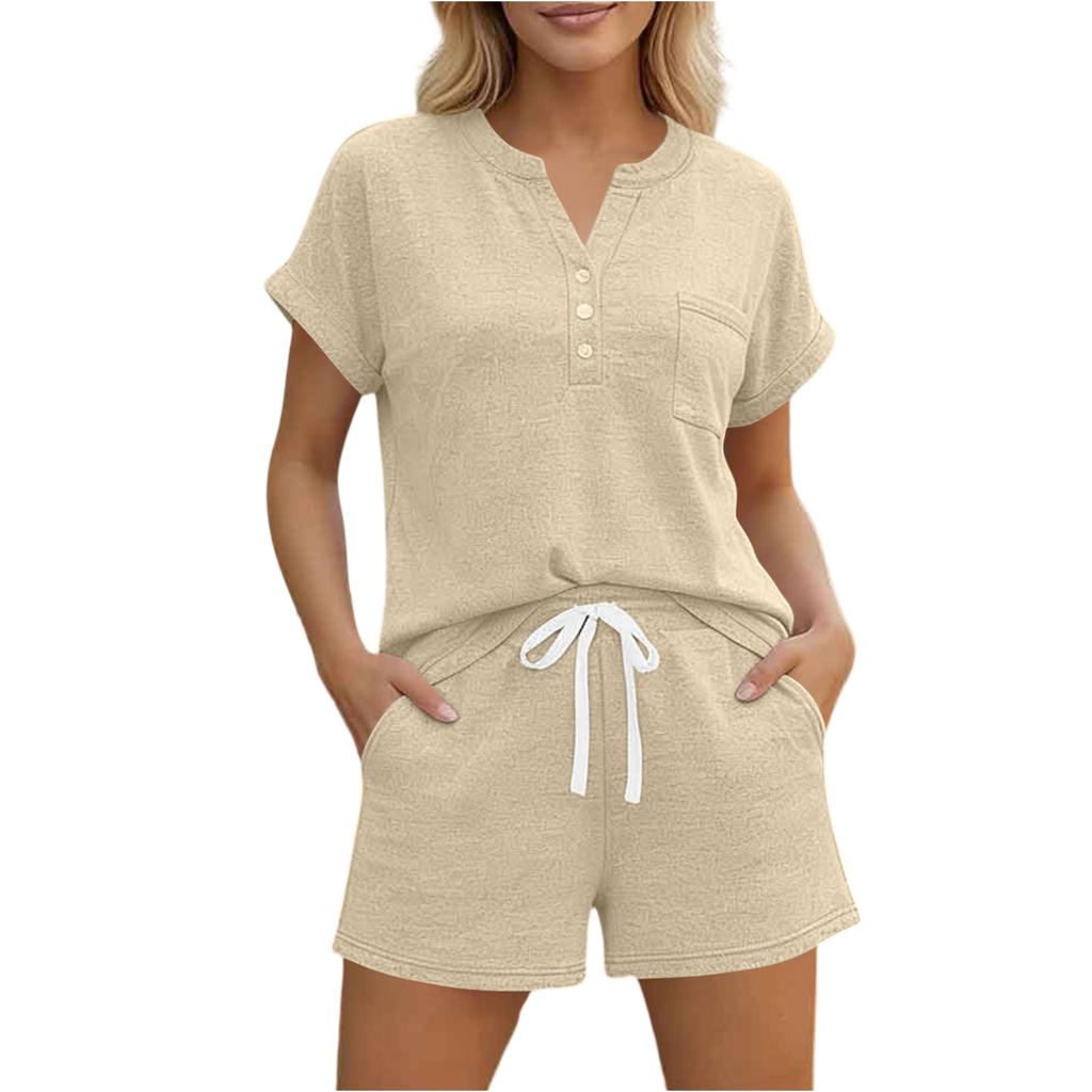 Women Casual Two Piece Lounge Set Short Sleeve Henley Neck Top with Button Detail and Drawstring Waist Shorts Relaxed Fit