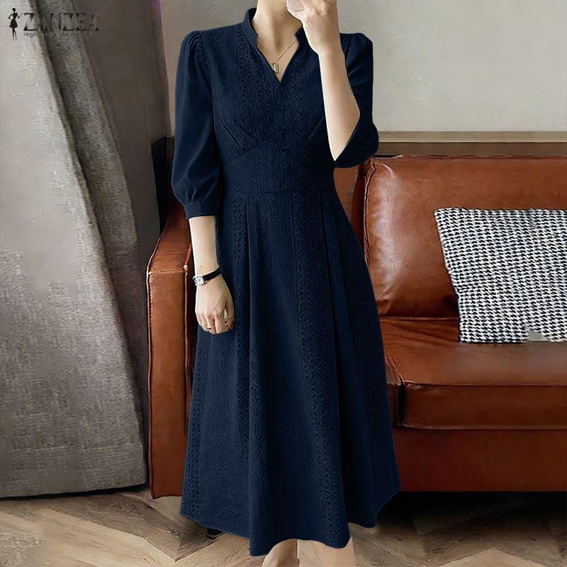 ZANZEA Women Casual V-Neck 3/4 Sleeve Loose Long Dress