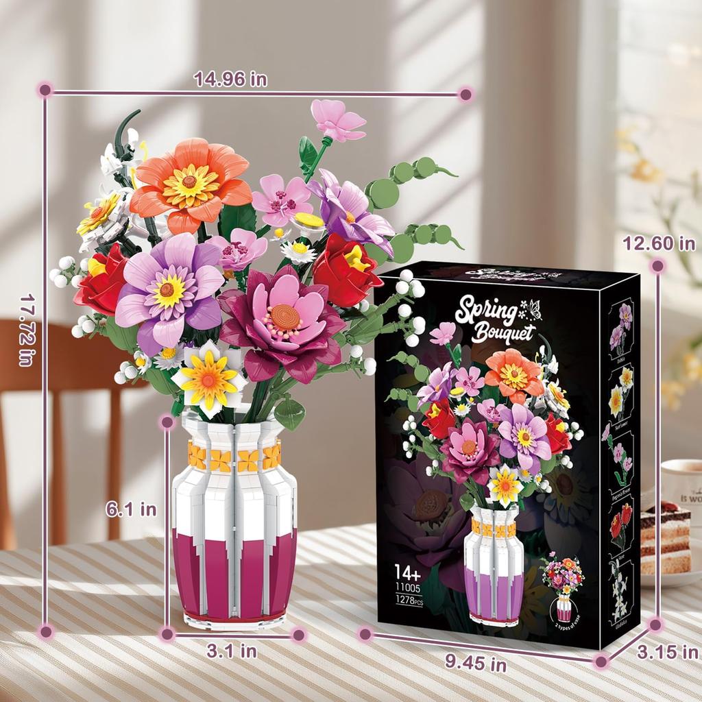 Flowers Bouquet Building Set with 2 in 1 Vase, 16 Flowers Bouquet Sets for Adults & Women, Compatible with Lego Flowers Bouquet, for Wife Mom Mother