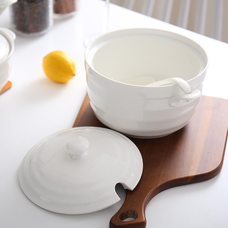 Double Ear Ceramic Soup Bowl Set with Lid - Microwave Safe, Includes Large Spoon and Tureen, Pure White, Creative Design (8 Bowls)