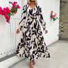 2026 Summer V-neck Print Long-sleeved Slit Women's Dress Waist Elegant Women's Clothing