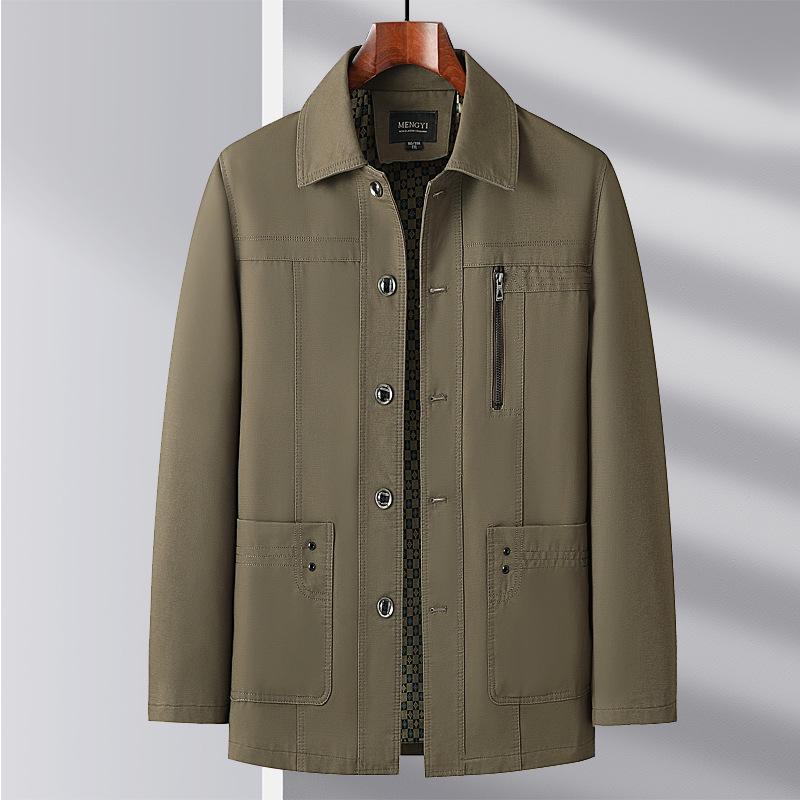 Men's Mid-length Cotton Jacket: Spring/Autumn, Lapel, Button-up, Dad Style, Plus Size for Middle-aged/Elderly