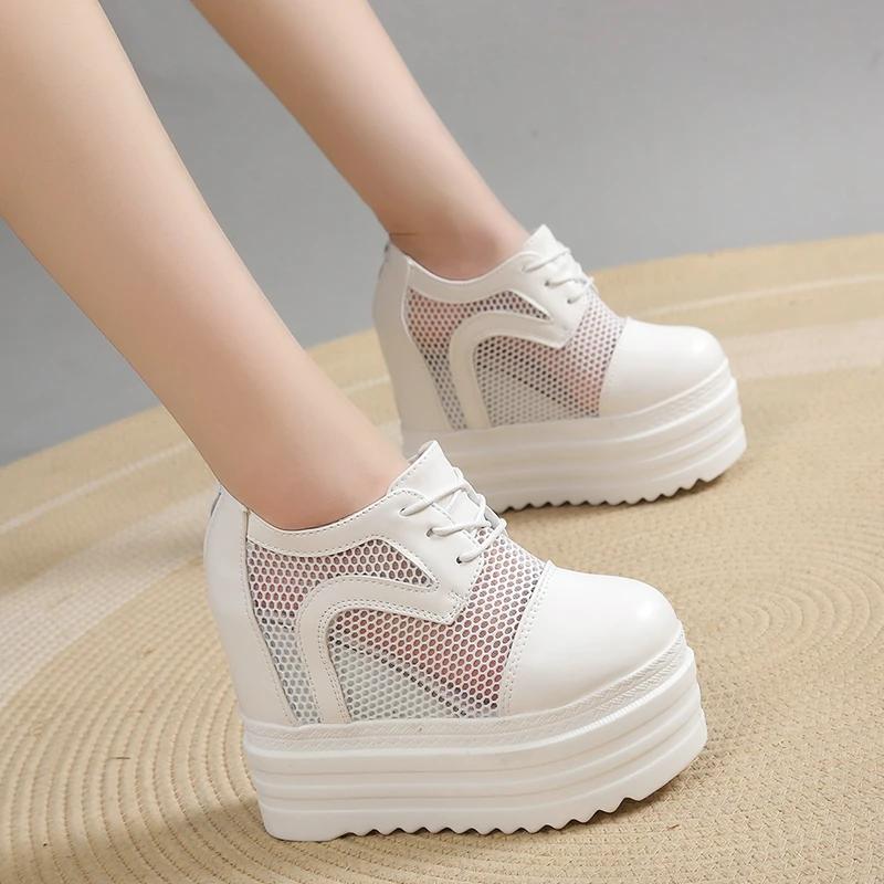 Fashion 12CM New Air Mesh Genuine Leather Breathable Summer Women Mid Calf Ankle Boots Platform Wedge Chunky Sneaker Hollow Shoes