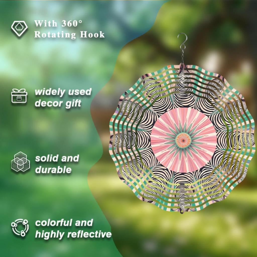 360 Degree Rotating Metal Wind Chime 10 Inch Vibrant Zebra Floral Design Perfect for Garden Balcony Yard Decor Year Round Outdoor Charm