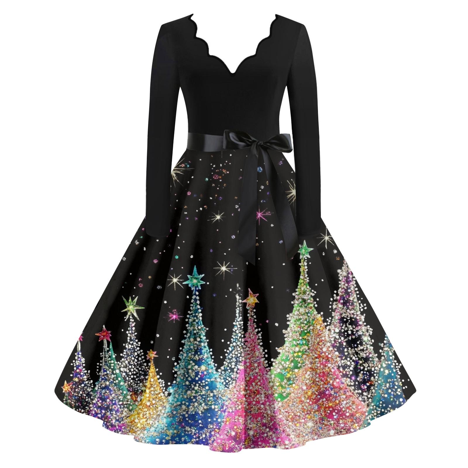 

Women s Casual Fashion Christmas Holiday Print V-neck Vintage Dress M чорний