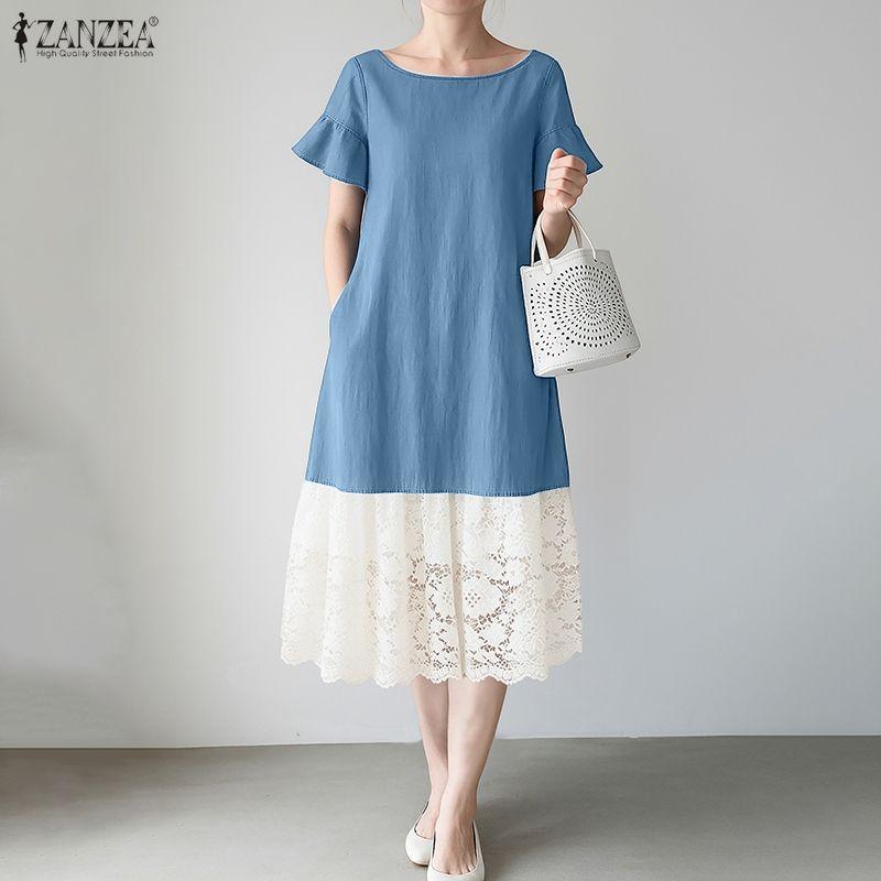 ZANZEA Women Casual Round Neck Short Sleeve Loose Lace Splice Dress
