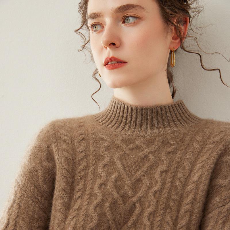 Women's Thickened Cashmere Sweater: Soft, Skin-Friendly Half-High Collar Cable Knit for Autumn/Winter