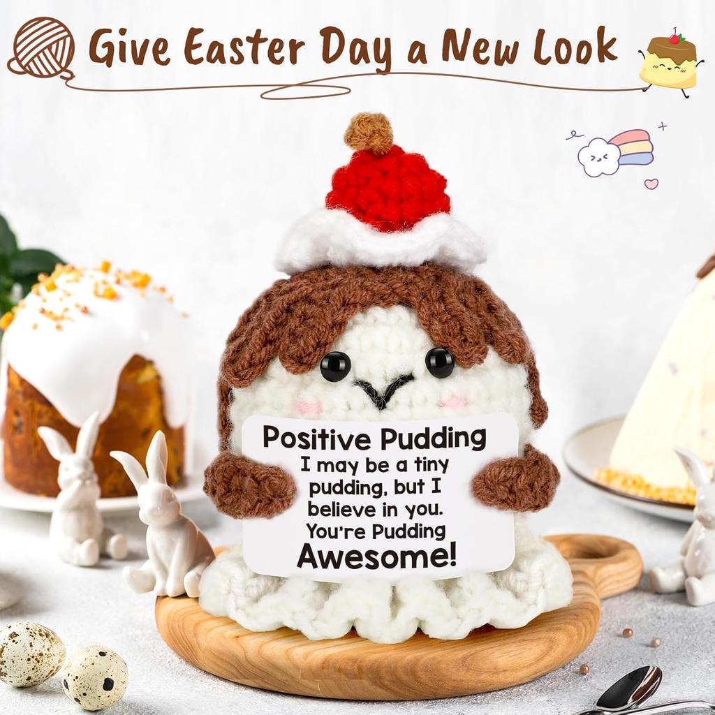Handgehäkelte Pudding-Puppe Mit Positiver Karte Heimzimmerdekoration Emotionaler Inspirierender Support Pudding Schreibtisch-Ornament
