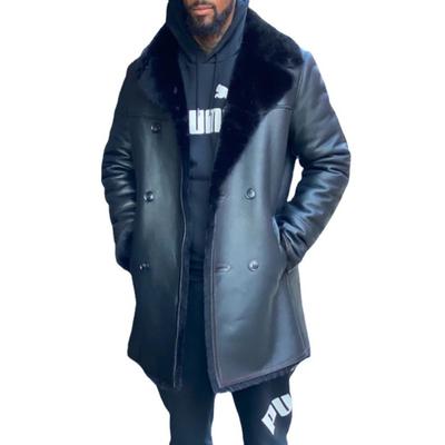 Black Large Fur Collar Medium and Long Men's Leather Jacket