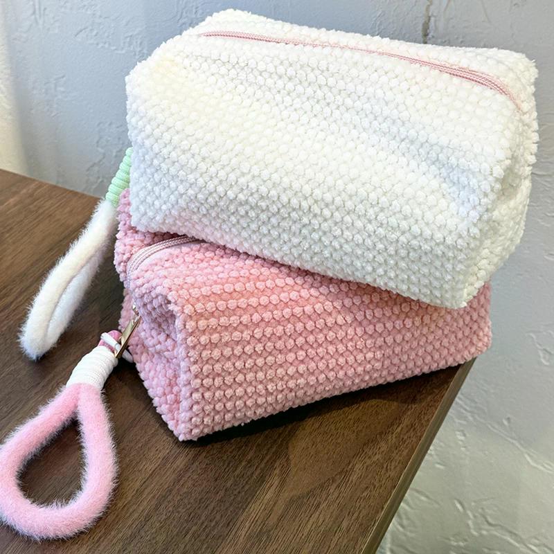 2026 New Ins Sweet Girl Candy Color Plush Large Capacity Makeup Bag Washbag Travel Portable Handheld Small Storage