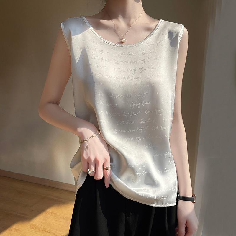 Women's 24-Year Printed Silk Camisole - Round Neck and V-Neck Satin Mulberry Silk Top for Summer Suit Layering